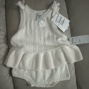 NWT Nordstrom ivory knit pointelle 2 piece set with flounce ruffle hem + bows